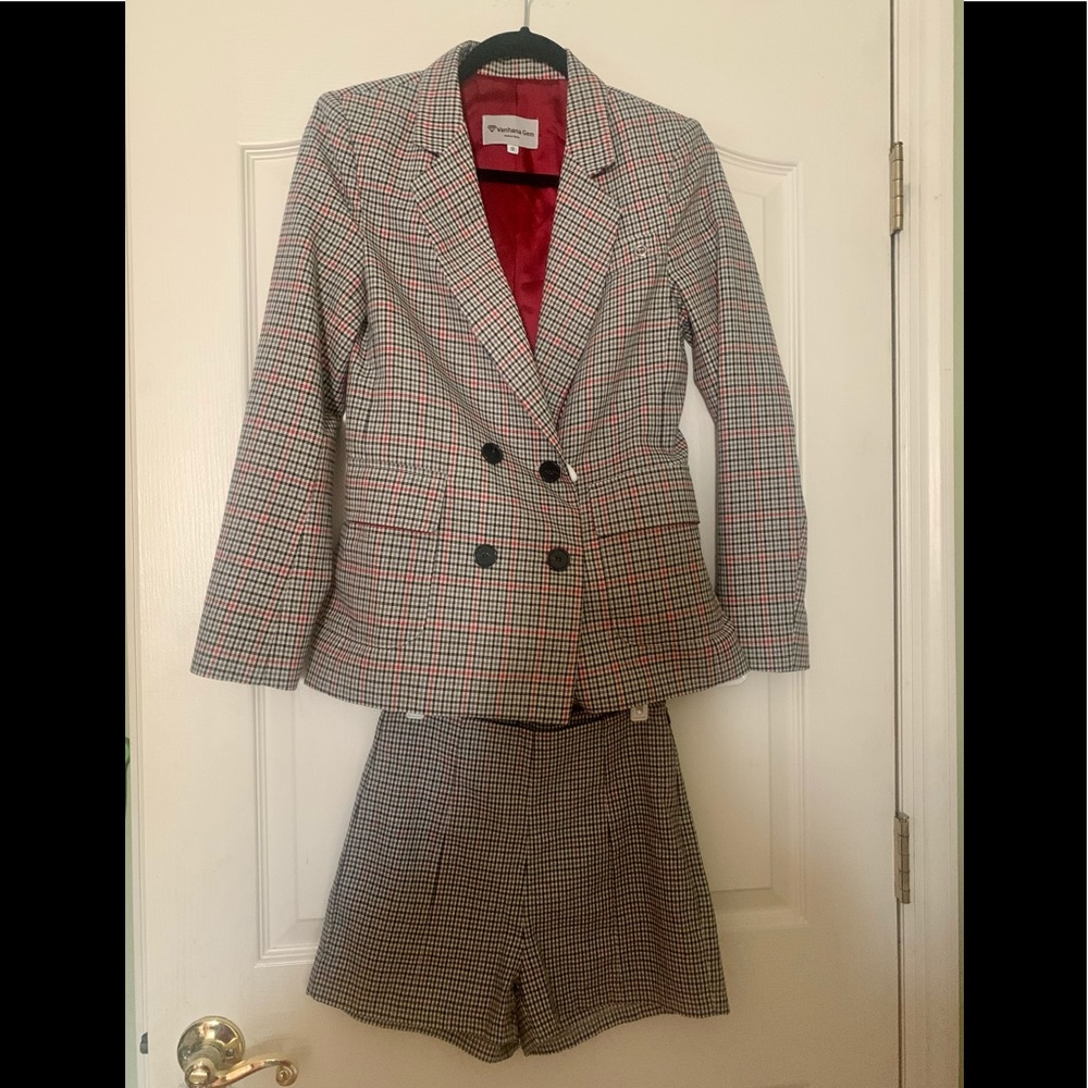Double-Breasted Glen Plaid Women's Shorts Set - Red Lined Blazer